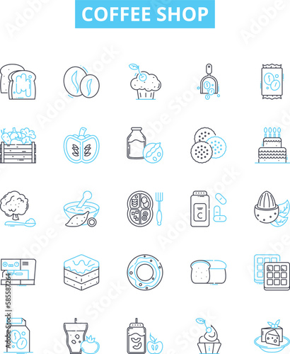 Coffee shop vector line icons set. Cafe, Coffeehouse, Espresso, Latte, Cappuccino, Mocha, Frappuccino illustration outline concept symbols and signs