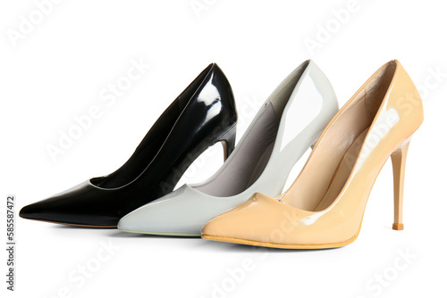 Stylish high heeled shoes on white background