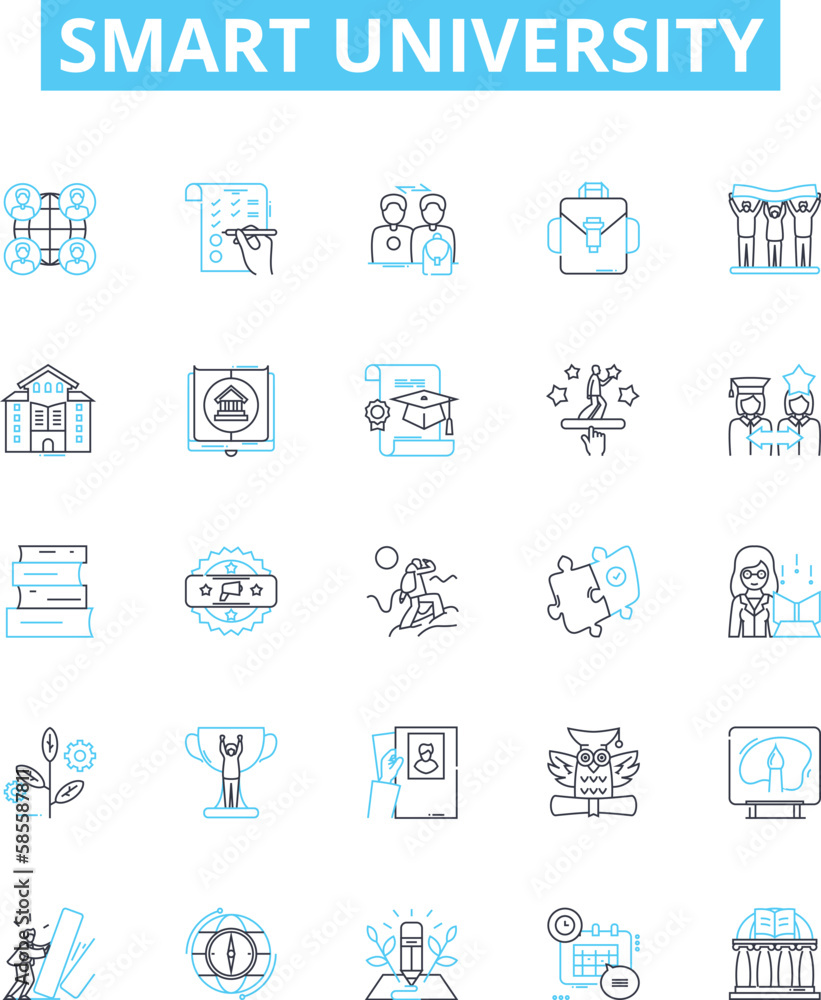 Smart university vector line icons set. Smart, University, Educational, Learning, Intelligent, Innovative, Knowledgeable illustration outline concept symbols and signs Smart university vector line icons set. Smart, University, Educational, Learning, Intelligent, Innovative, Knowledgeable illustration outline concept symbols and signs