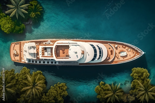 Luxury Yacht boat in the Caribbean sea. Aerial Top Down View Photo. Illustration Generativ AI © Luc.Pro