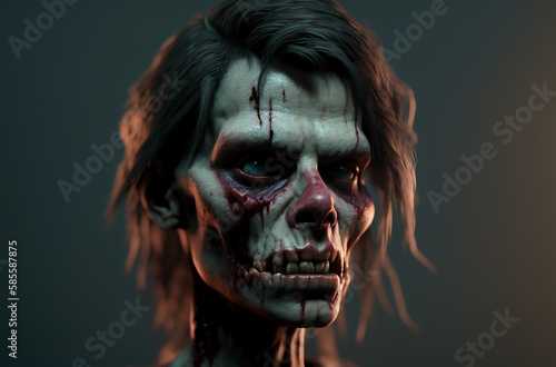 Portrait of zombie. Terrifying revived corpse with creepy expression on face. Generative AI.