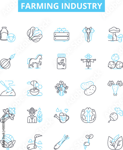 Farming industry vector line icons set. Agriculture, Crops, Livestock, Farming, Sowing, Harvesting, Irrigation illustration outline concept symbols and signs