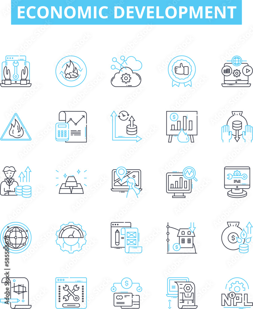 Economic development vector line icons set. Economy, Development, Growth, Expansion, Investment, Trade, Employment illustration outline concept symbols and signs