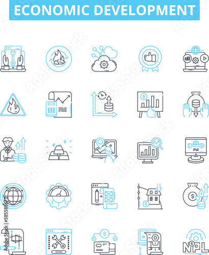 Economic development vector line icons set. Economy  Development  Growth  Expansion  Investment  Trade  Employment illustration outline concept symbols and signs