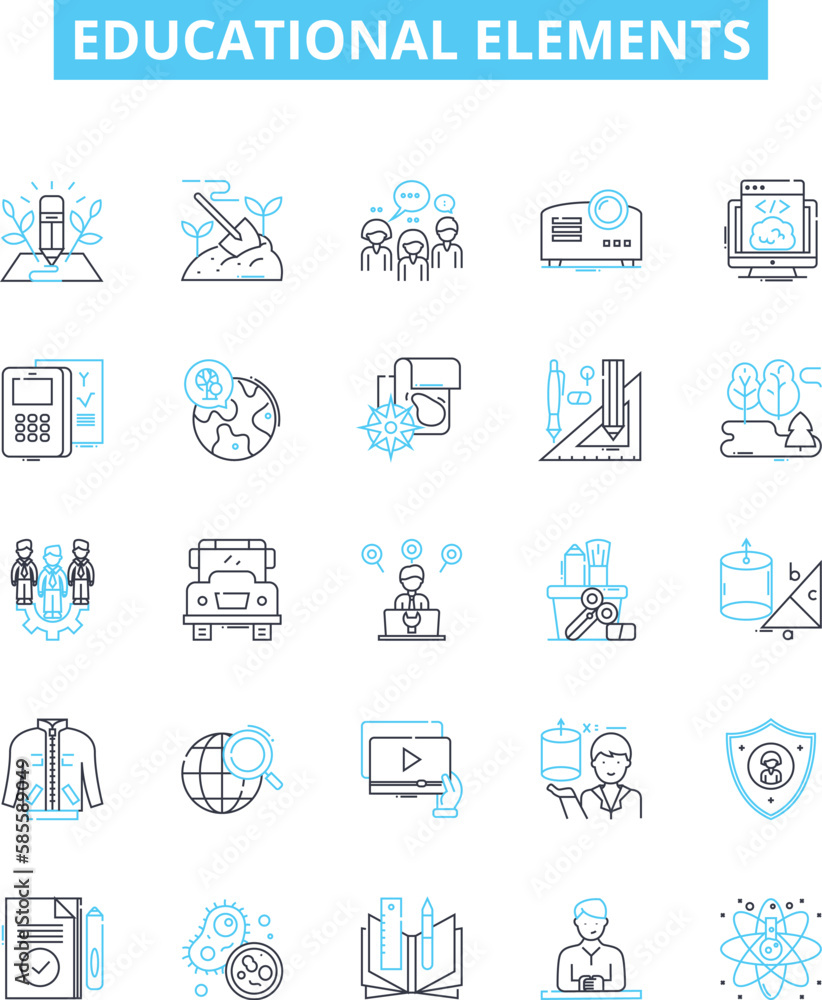 Educational elements vector line icons set. learning, instruction, knowledge, curriculum, skill, course, assessment illustration outline concept symbols and signs