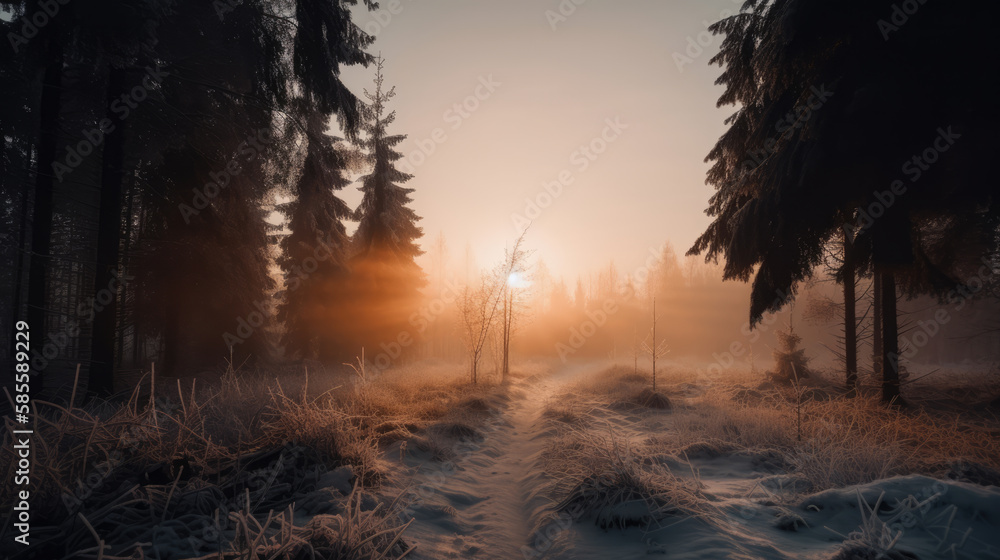 Winter Forest at Dawn created with Generative AI Technology, ai, generative Winter Forest at Dawn created with Generative AI Technology, ai, generative