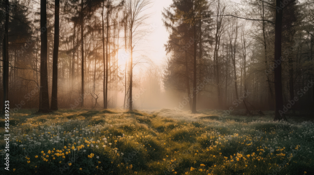 Spring Forest at Dawn created with Generative AI Technology, ai, generative