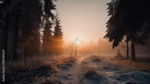 Winter Forest at Dawn created with Generative AI Technology, ai, generative