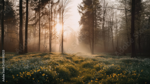 Spring Forest at Dawn created with Generative AI Technology, ai, generative