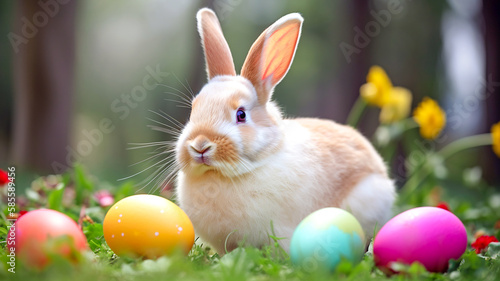 Lovely bunny easter fluffy baby rabbit with colorful easter eggs on green garden nature with flowers background on warmimg day. Symbol of easter day festival. Generative AI. photo