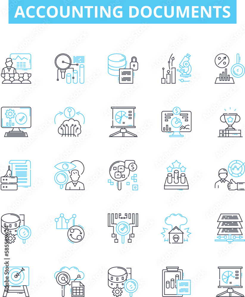 Accounting documents vector line icons set. Accounts, Vouchers, Ledgers, Journals, Invoices, Receipts, Payables illustration outline concept symbols and signs