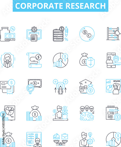 Corporate research vector line icons set. Corporate, research, analysis, business, market, strategy, data illustration outline concept symbols and signs