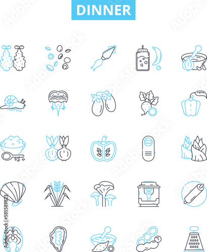 Dinner vector line icons set. Meal, Supper, Cuisine, Banquet, Dine, Feast, Eat illustration outline concept symbols and signs