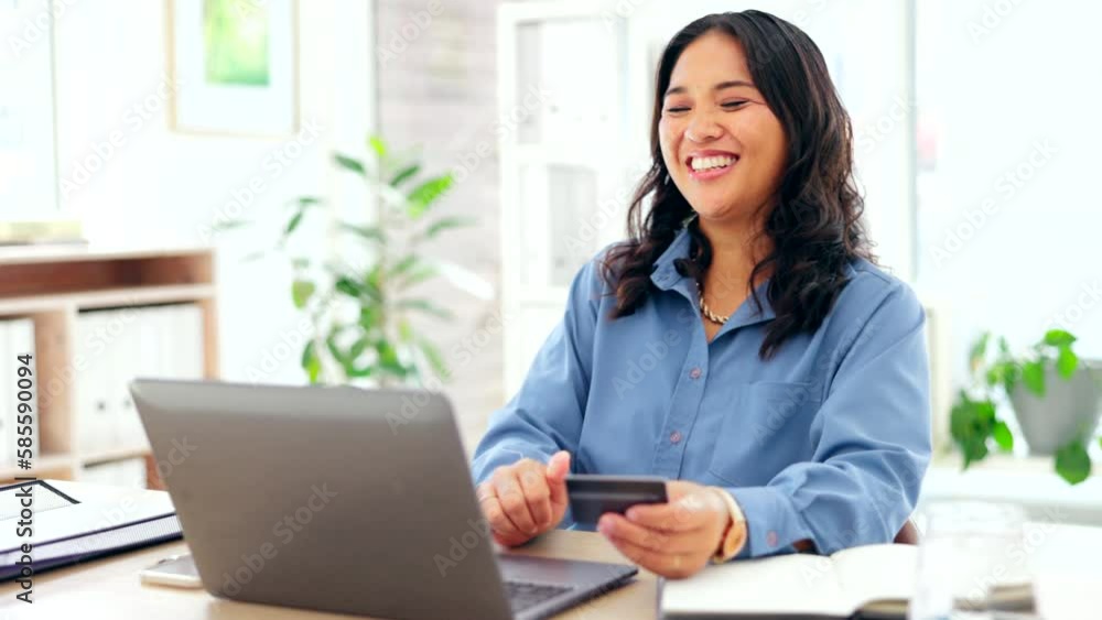 Happy woman, credit card and laptop for business online shopping, banking or fintech payment at office. Success or winning Philippines person typing bank information, loan or transaction on computer Happy woman, credit card and laptop for business online shopping, banking or fintech payment at office. Success or winning Philippines person typing bank information, loan or transaction on computer