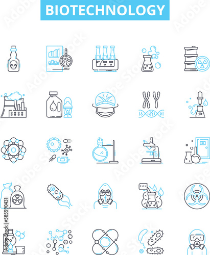 Biotechnology vector line icons set. Biotech, Genetics, Bioengineering, Genomics, Recombinant, Microbiology, Enzymes illustration outline concept symbols and signs