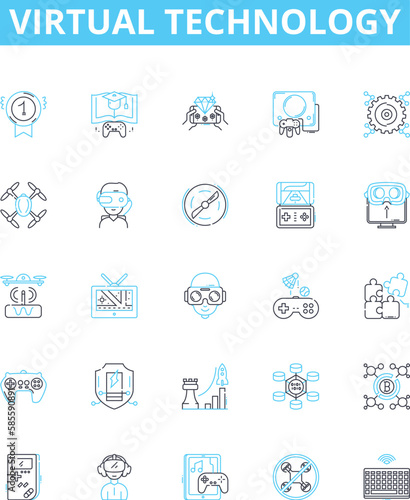Virtual technology vector line icons set. Virtual, Technology, Cloud, Automation, Augmented, Networking, Simulation illustration outline concept symbols and signs