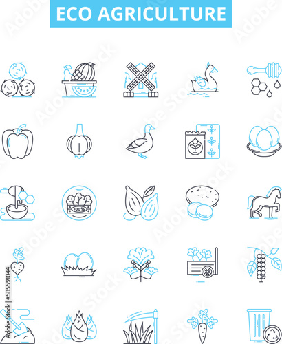 Eco agriculture vector line icons set. Organic, Sustainable, Renewable, Biodynamic, Landscaping, Regenerative, Conservation illustration outline concept symbols and signs