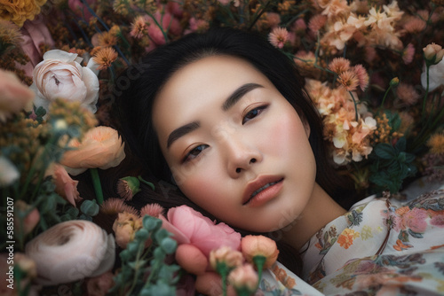 Beautiful portrait close-up of a young asian woman in a flower field made with generative AI © Cathleen