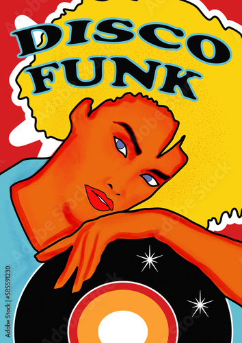 Pop Art Jeune femme qui tient un disque de musique disco funk