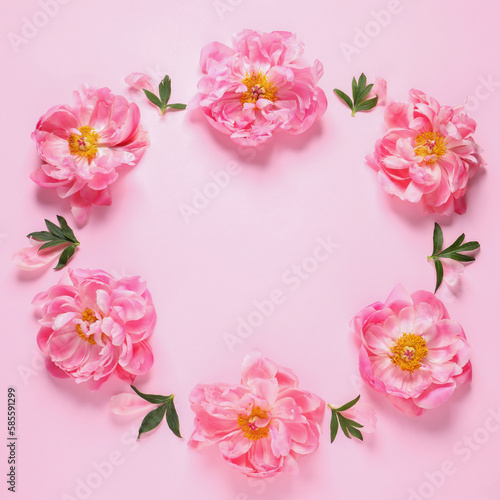 Frame made of beautiful peonies on pink background  flat lay