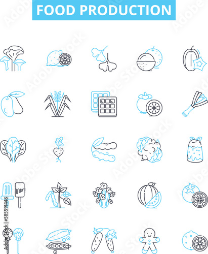 Food production vector line icons set. Farming, Agriculture, Processed, Production, Packaging, Quality, Culinary illustration outline concept symbols and signs
