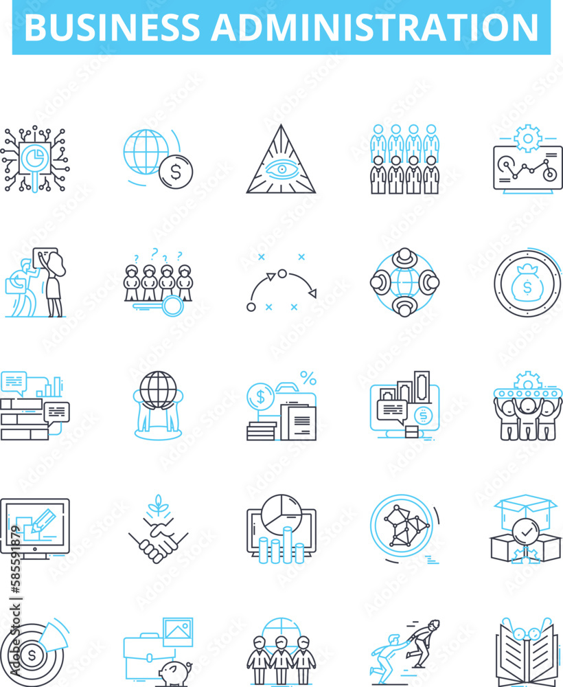 Business administration vector line icons set. Management, Planning, Assessment, Organisation, Analysis, Leadership, Systems illustration outline concept symbols and signs Business administration vector line icons set. Management, Planning, Assessment, Organisation, Analysis, Leadership, Systems illustration outline concept symbols and signs