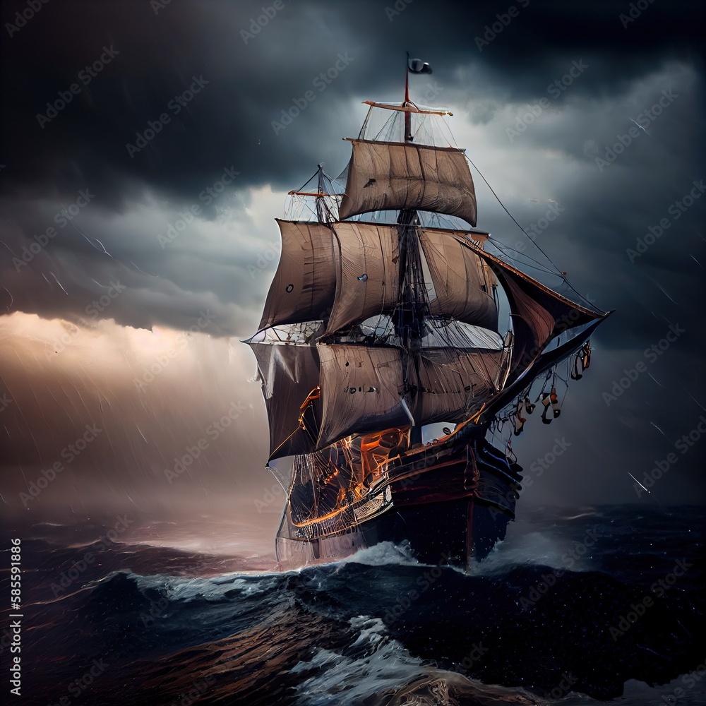 A pirate ship on the high seas during a storm. An old ancient pirate ...