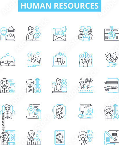 Human resources vector line icons set. Recruitment, Hiring, Job, Training, Benefits, Compensation, HR illustration outline concept symbols and signs