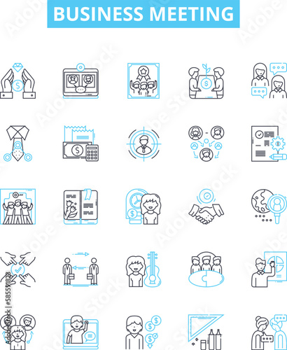 Business meeting vector line icons set. Business, Meeting, Conference, Client, Agenda, Group, Strategy illustration outline concept symbols and signs