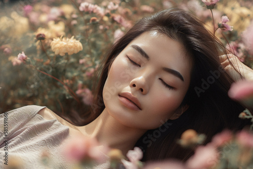 Beautiful portrait close-up of an asian woman lying in a flower field made with generative AI