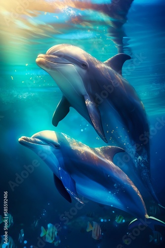 Dolphin in the sea underwater. Generative AI