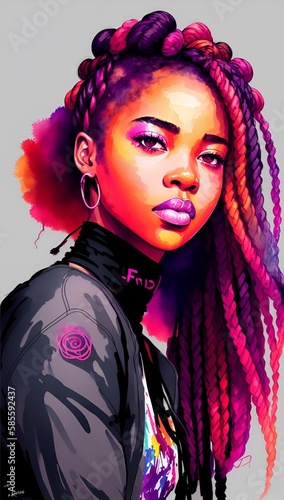 afro american in free street style with colored hair and braids. digital painting.