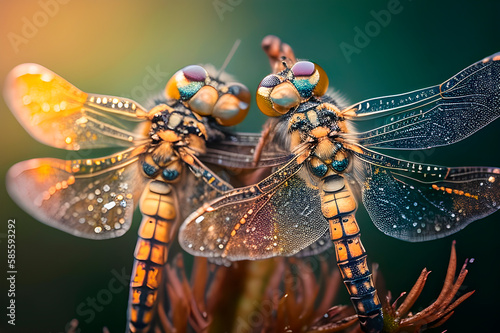 two dragonflies in love, macro photography of two insects on a plant, generative ai
