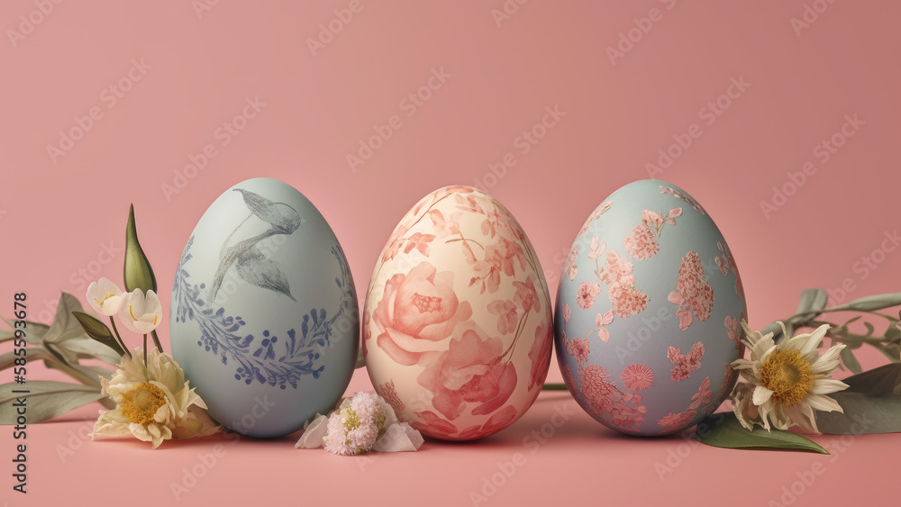 Floral easter eggs on pastel background