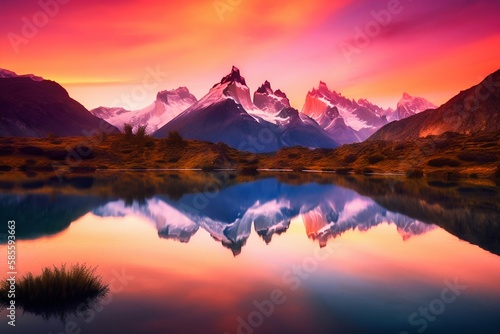 Serene mountain landscape background in sunrise. Generative AI © Scrudje