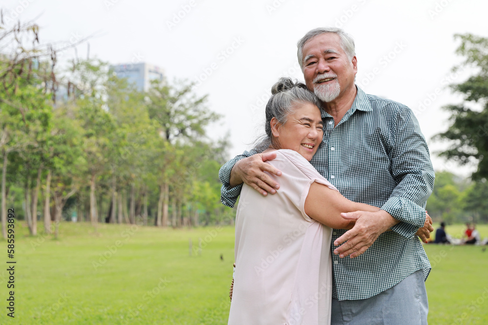 Happy asian senior man and woman standing and hugging with picnic basket in garden outdoor. Lover couple going to picnic at the park. Happiness marriage lifestyle concept.