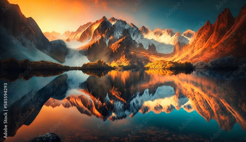 Serene mountain landscape background in sunrise. Generative AI