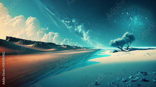 dreamful place, beautiful beach, sand and ocean, blue dream Background / Backdrop / Wallpaper / Home screen / Lock screen / Desktop Background, generative, ai