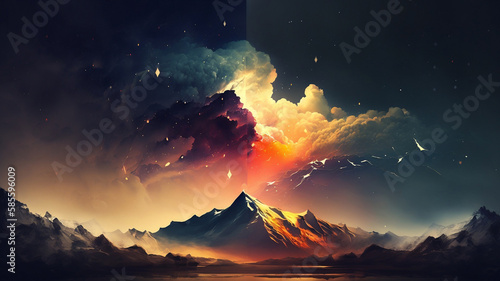 mysterious morning nature with colored clouds and mountains Background / Backdrop / Wallpaper / Home screen / Lock screen / Desktop Background, generative, ai