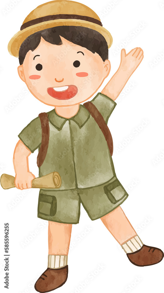Boy scout with hiking suit hold map and wave the hand . Realistic watercolor painting .