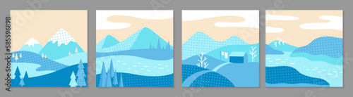 Winter snowy landscape set. Abstract scenery flat minimalist design for poster, cover, postcard, book cover, brochure flyer, template typography. Winter cold snow season illustration vector collection