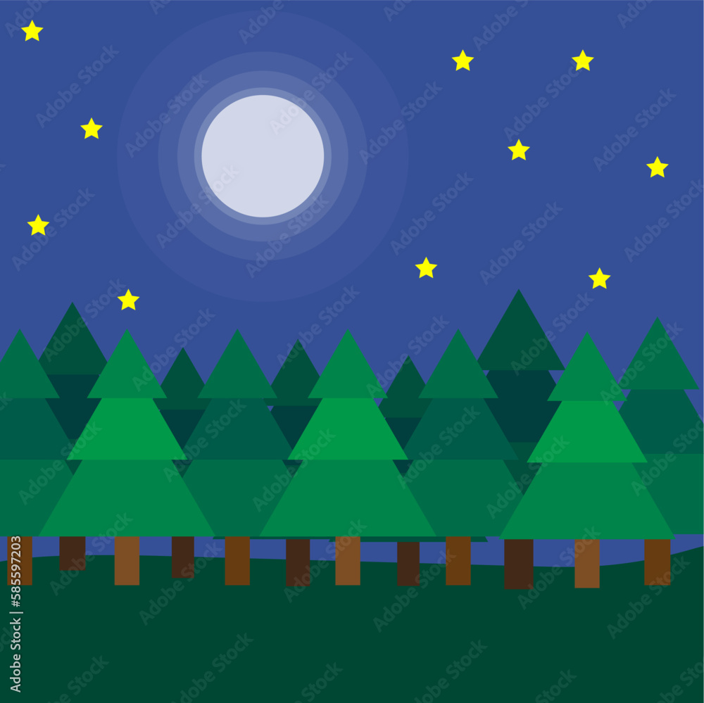 Cartoon forest moon. Fall camping landscape. Beautiful natural landscape. Vector illustration. Cartoon forest moon. Fall camping landscape. Beautiful natural landscape. Vector illustration.