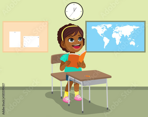 Vector illustration of little girl reading book on classroom. Back to school kid standing and studying in desk at school