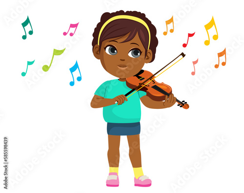 Vector illustration of musician girl playing violin. Girl violinist is inspired to play a classical musical instrument