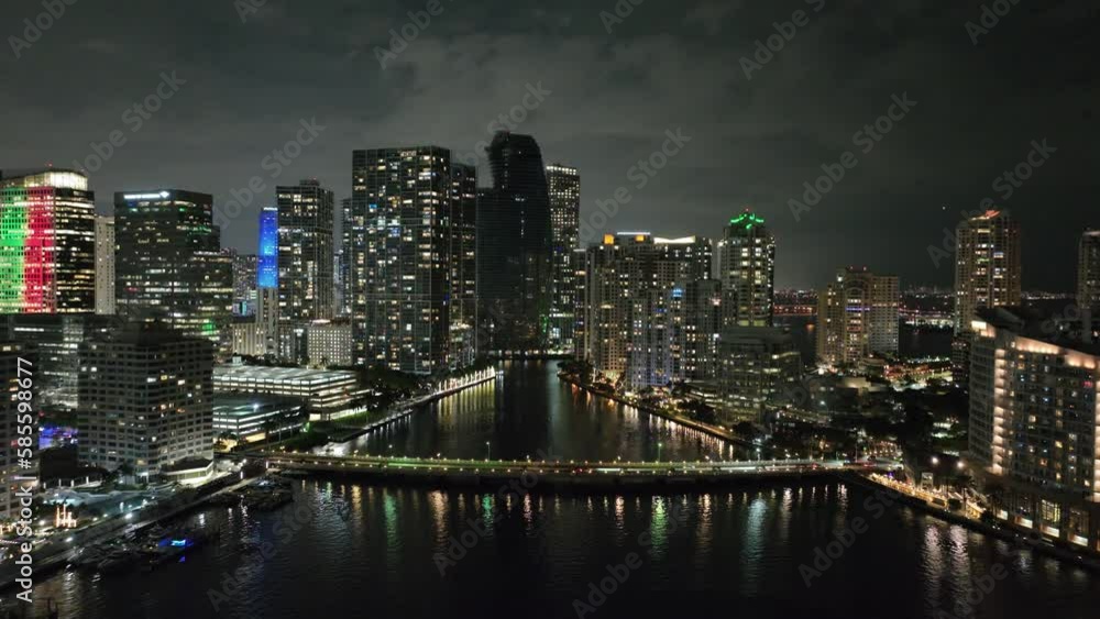 Aerial shot of the tall buildings downtown Miami Florida at night Aerial shot of the tall buildings downtown Miami Florida at night