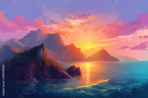 Dreamlike sunset over the ocean digital painting