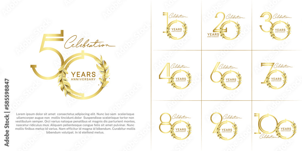 set of anniversary logotype golden color with golden leaf for special celebration event