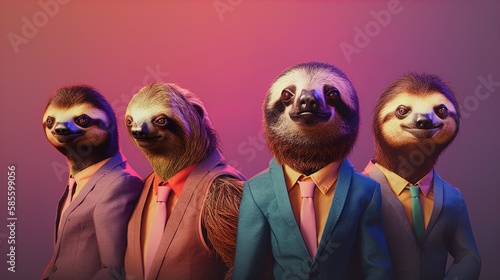 Corporate Zoo: Sloth Animal Professionals in Stylish Business Attire on Vibrant Rainbow Backdrop in 8K created with generative ai technology photo