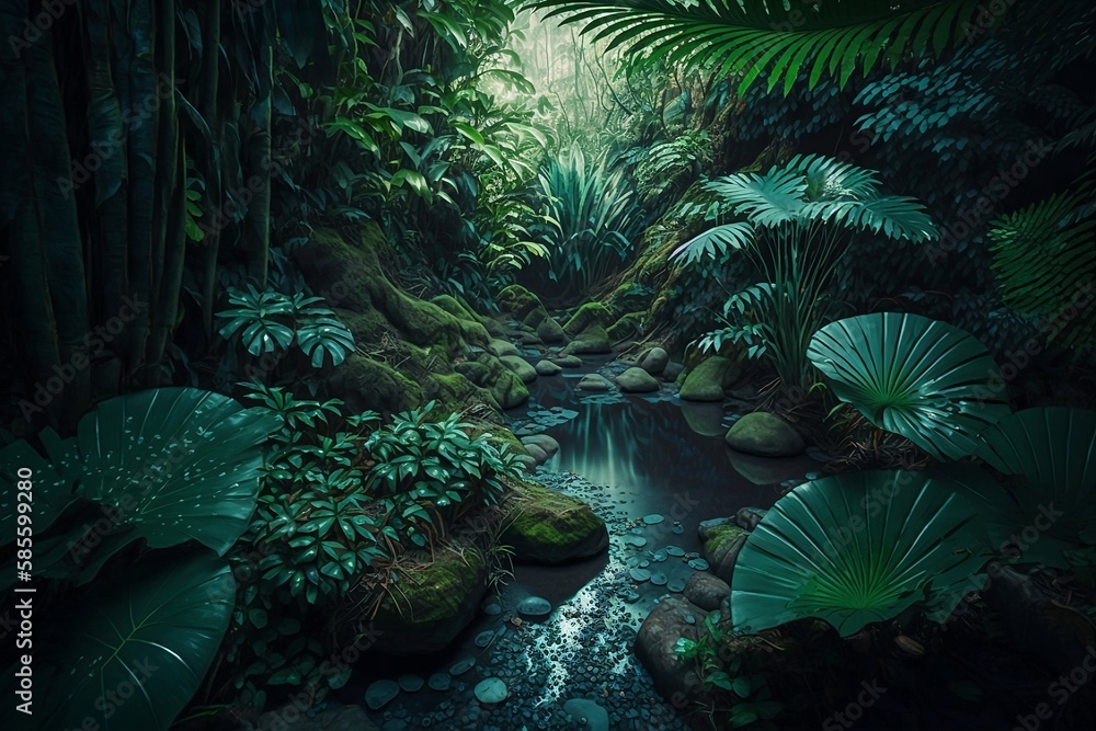 Peaceful Tropical Forest Vegetation with Small Creek AI Generative Peaceful Tropical Forest Vegetation with Small Creek AI Generative