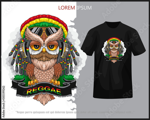 Jamaican owl bird using earphone isolated on black t-shirt.